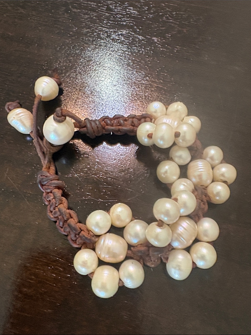 Rare Handmade Brown Macramé adjustable Bracelet with Pearl Beads 7-8”